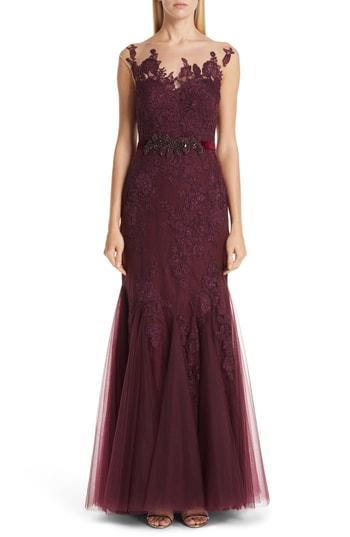 Women's Badgley Mischka Belted Illusion Neck Lace Trumpet Gown - Burgundy