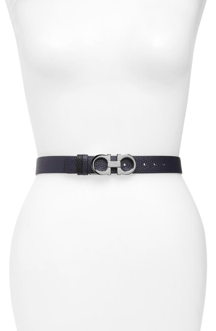 Women's Salvatore Ferragamo Double Gancio Reversible Leather Belt 0 - Mirto/nero