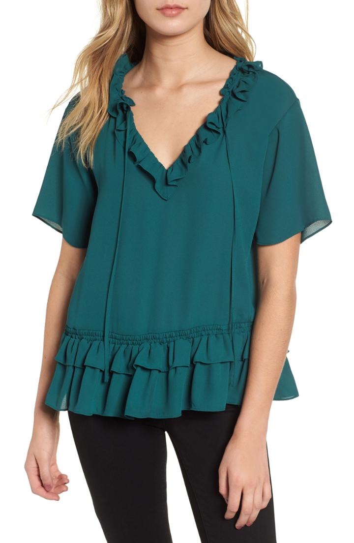 Women's Chelsea28 Ruffle Hem Split Neck Blouse - Green