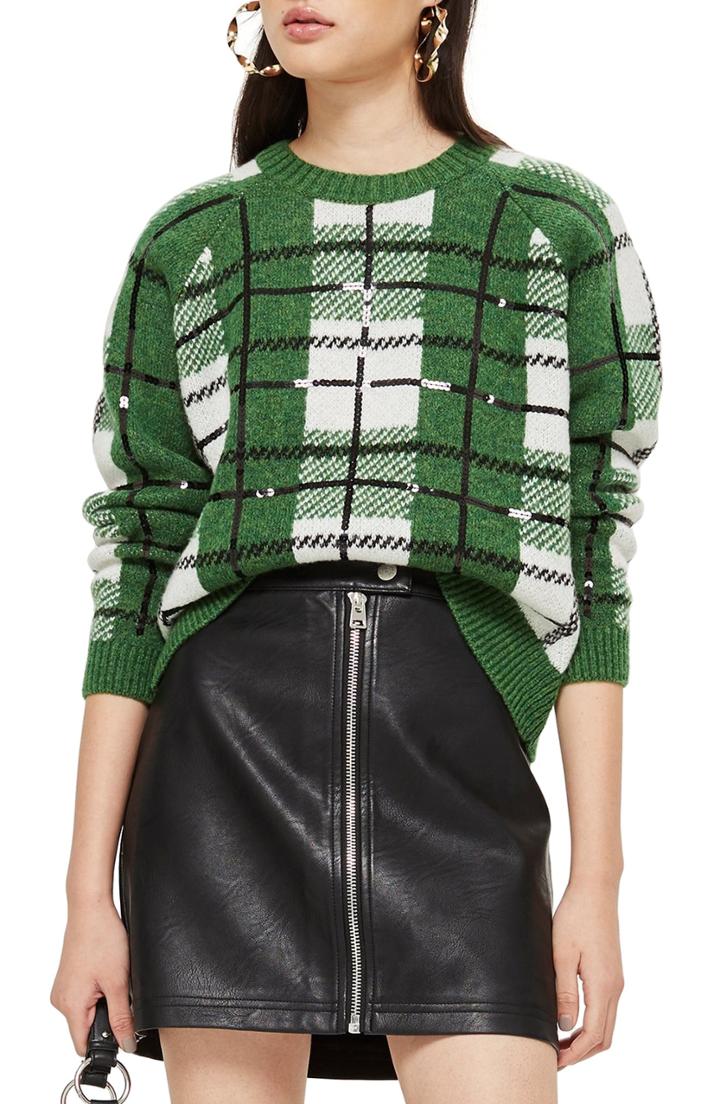 Women's Topshop Sequin Plaid Sweater - Green