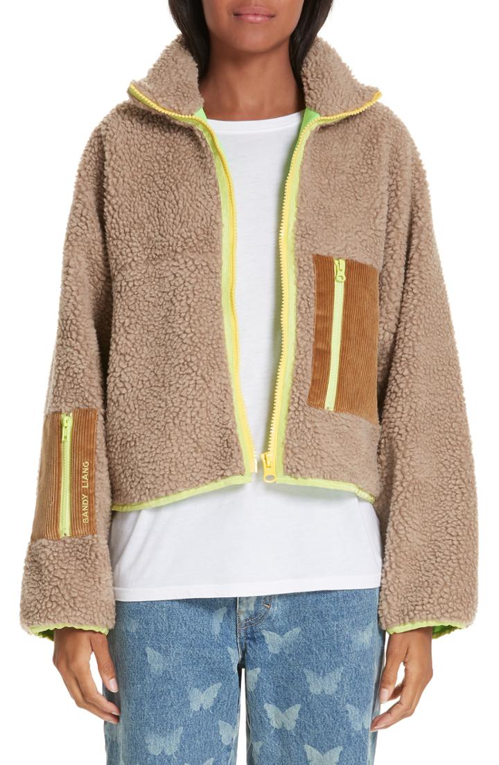 Women's Sandy Liang Neon Trim Fleece Jacket - Brown