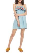 Women's Topshop Embroidered Ruffle Shift Dress Us (fits Like 0) - Blue