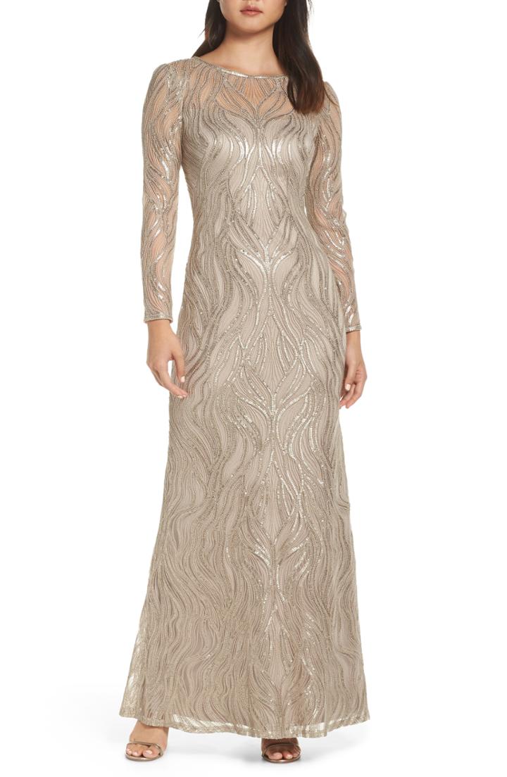 Women's Tadashi Shoji Long Sleeve Sequined Mesh Evening Dress - Beige