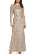 Women's Tadashi Shoji Long Sleeve Sequined Mesh Evening Dress - Beige