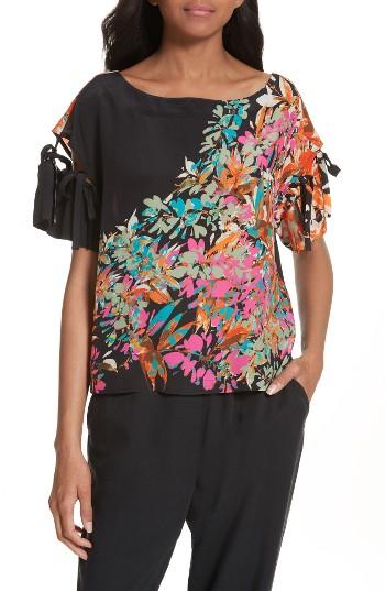 Women's Tracy Reese Tie Sleeve Floral Silk Top - Black