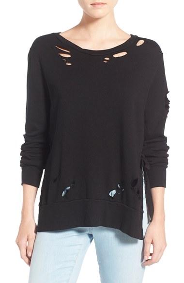 Women's Pam & Gela Side Slit Destroyed Pullover - Black