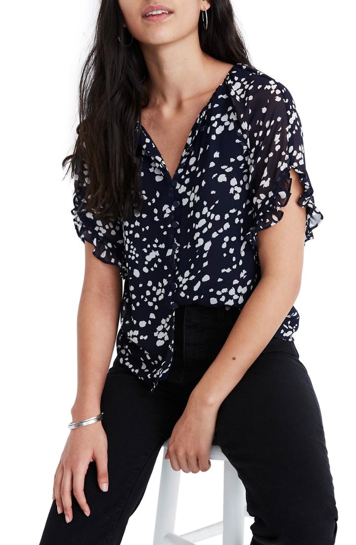 Women's Madewell Memento Ruffle Sleeve Top, Size - Blue
