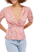 Women's Topshop Print Ruched Sleeve Wrap Top Us (fits Like 0-2) - Pink