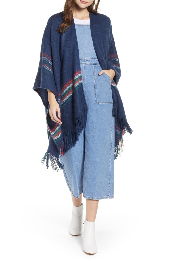 Women's Free People Stripe Fringe Ruana, Size - Blue