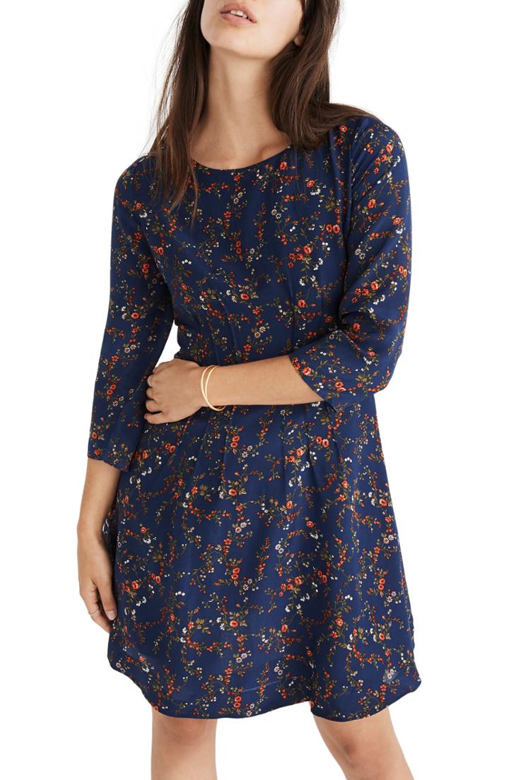 Women's Madewell Boat Neck Pintuck Silk Dress - Blue