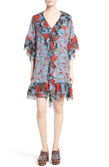Women's See By Chloe Floral Flounce Tunic Silk Dress Us / 36 Fr - Blue