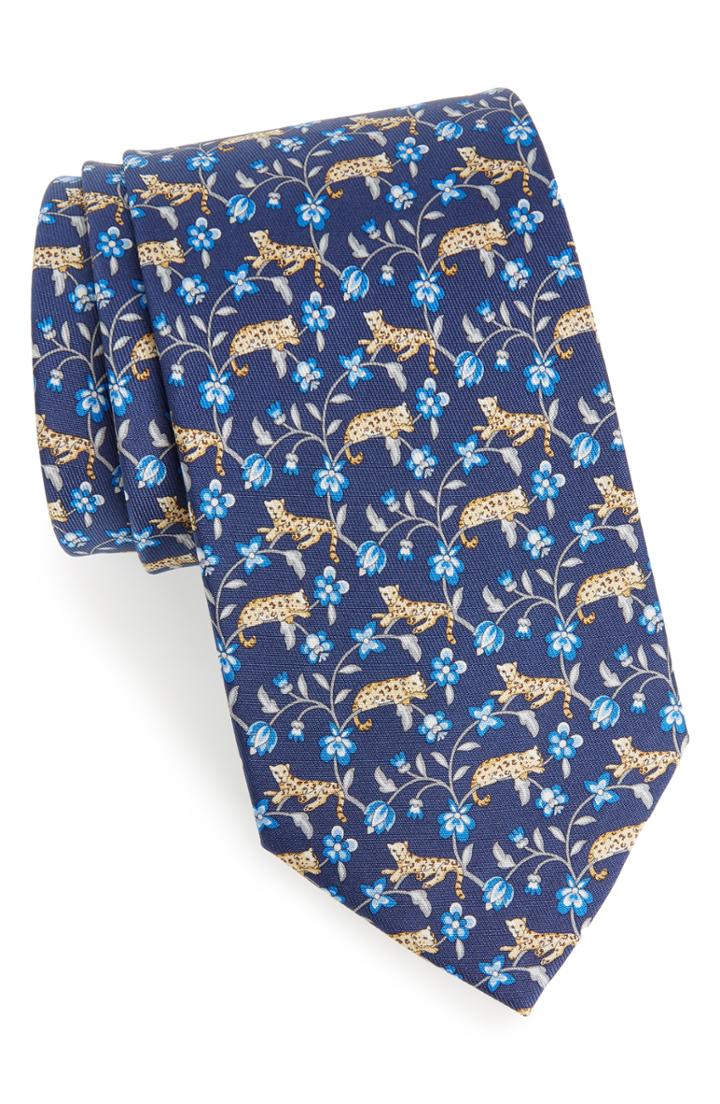 Men's Salvatore Ferragamo Felino Print Silk Tie, Size - Blue