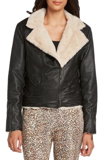 Women's Willow & Clay Faux Fur Lined Moto Jacket - Black