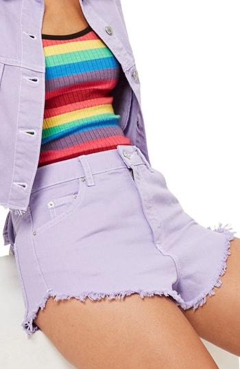 Women's Topshop Moto Fray Hem Denim Shorts Us (fits Like 0) - Purple