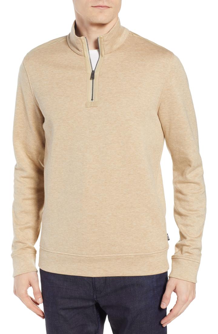 Men's Boss Sidney Regular Fit Quarter Zip Pullover, Size - Beige
