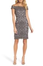 Women's Tadashi Shoji Embroidered Illusion Off The Shoulder Sheath Dress - Grey