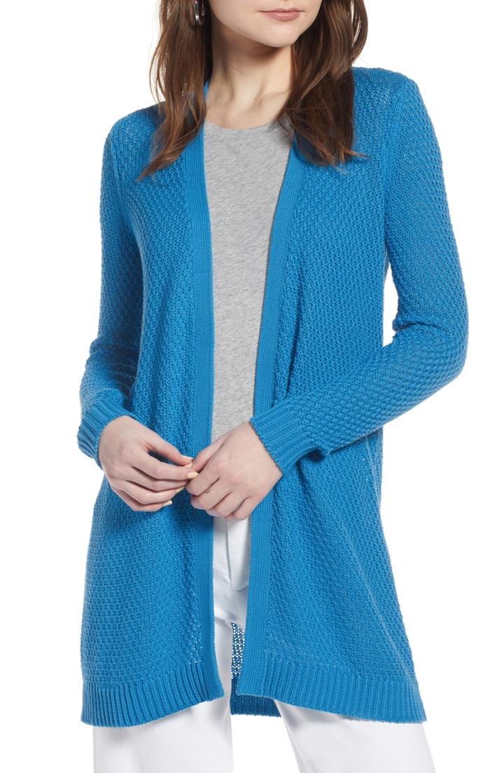 Petite Women's Halogen Textured Cotton Knit Cardigan, Size P - Blue