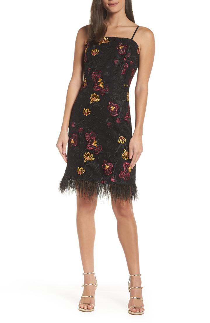 Women's Sam Edelman Feather Trim Embroidered Mesh Sheath Dress