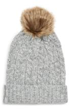 Women's Sole Society Cable Knit Beanie With Faux Fur Pom - Grey