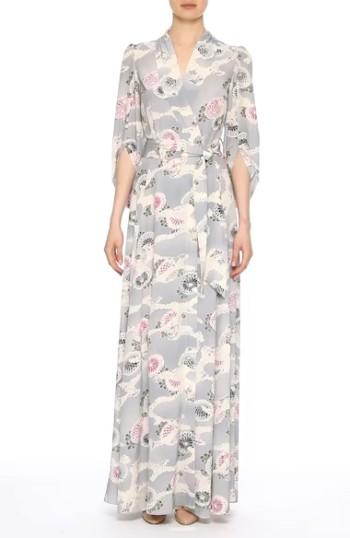 Women's Co Floral Print Silk Crepe De Chine Maxi Wrap Dress - Grey