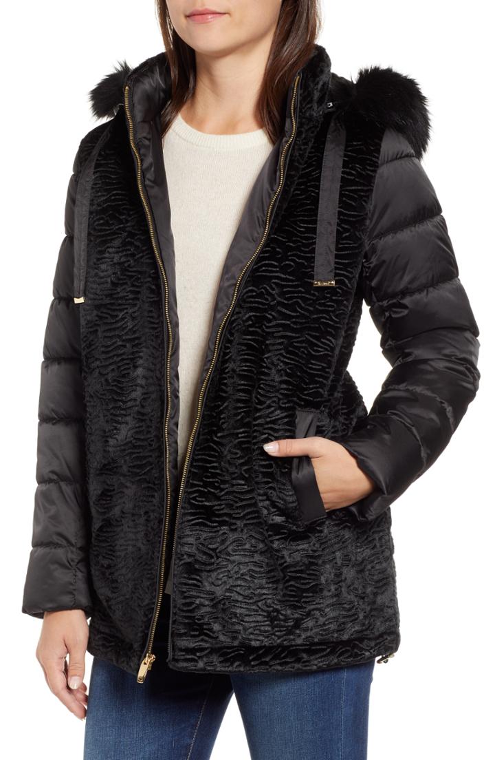 Women's Via Spiga Mixed Media Puffer Jacket - Black