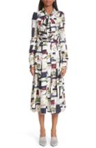 Women's Oscar De La Renta Postcard Print Tie Neck Silk Dress
