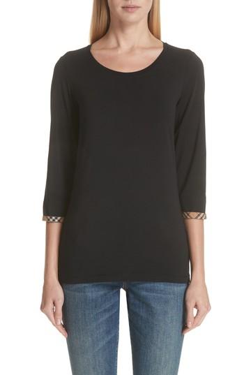 Women's Burberry Lohit Check Cuff Stretch Cotton Tee, Size - Black