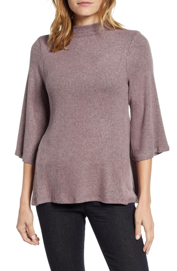 Women's Bobeau Cozy Ribbed Mock Neck Tee - Purple