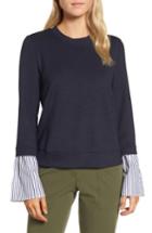 Women's Nordstrom Signature Poplin & Lace Crewneck Sweatshirt - Blue