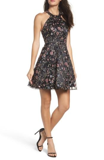 Women's Sequin Hearts Floral Embroidered Halter Skater Dress - Black