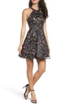 Women's Sequin Hearts Floral Embroidered Halter Skater Dress - Black