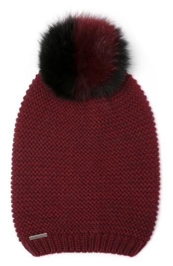 Women's Soia & Kyo Slouchy Knit Beanie With Genuine Fox Fur Pompom - Burgundy