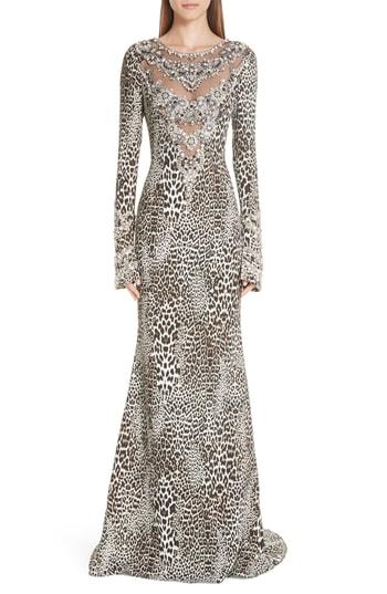Women's Badgley Mischka Couture Leopard Print Beaded Gown - Black