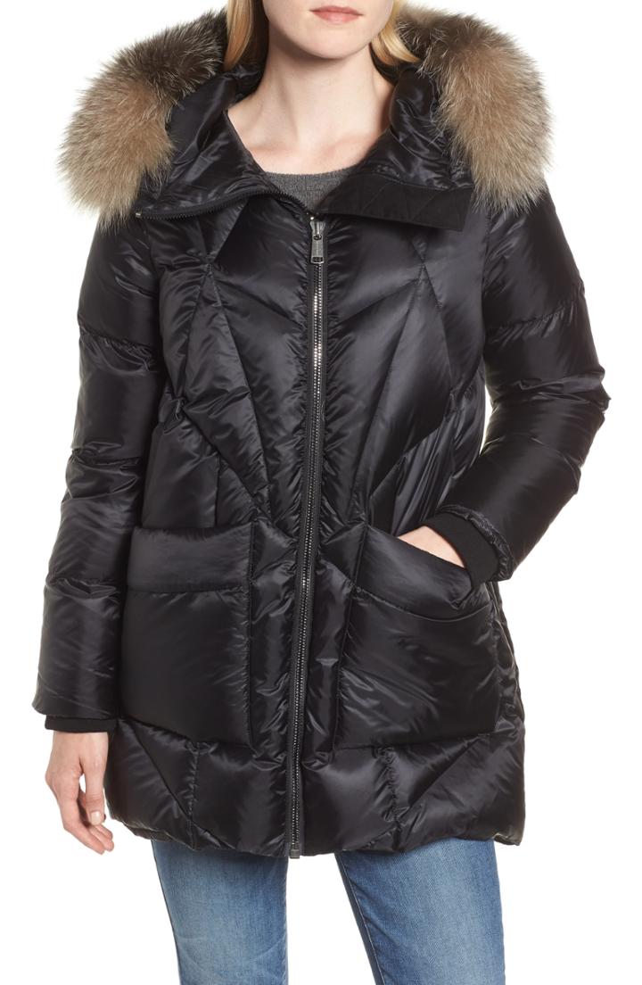 Women's Andrew Marc Genuine Fox Fur Trim Quilted Down Coat - Black