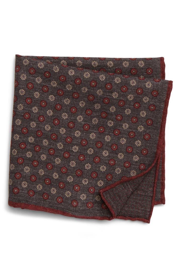 Men's Eleventy Floral Wool & Cotton Pocket Square, Size - Grey