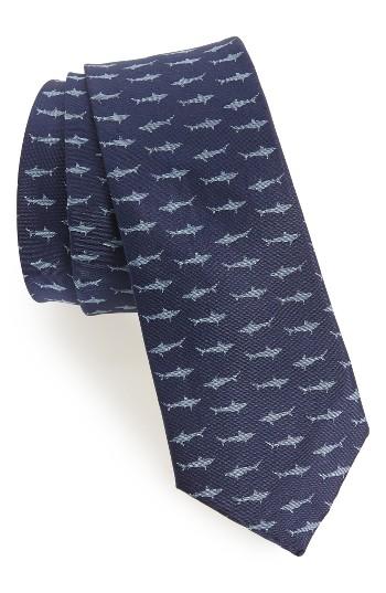 Men's 1901 Shark Print Silk Skinny Tie, Size - Blue