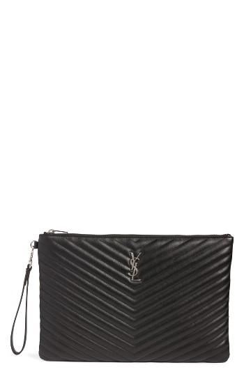 Saint Laurent Large Monogram Matelasse Leather Pouch - Black