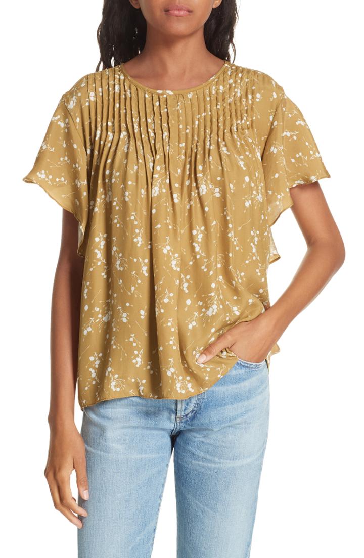 Women's Dolan Murray Pintuck Flutter Sleeve Silk Blouse - Yellow