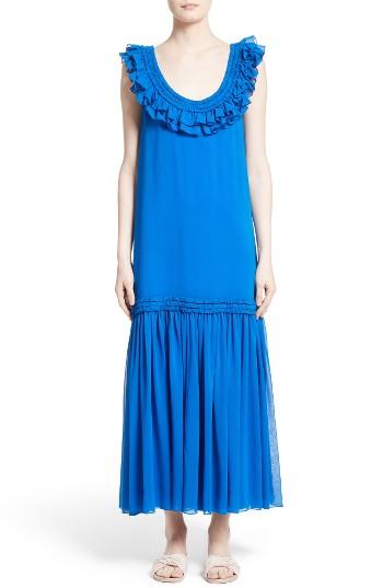 Women's Opening Ceremony Silk Chiffon Ruffle Maxi Dress