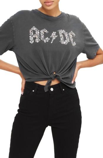 Women's Topshop By And Finally Knot Crop Ac/dc Tee Us (fits Like 10-12) - Grey