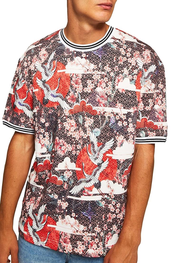 Men's Topman Japanese Tile Print Short Sleeve Sweatshirt, Size - Red