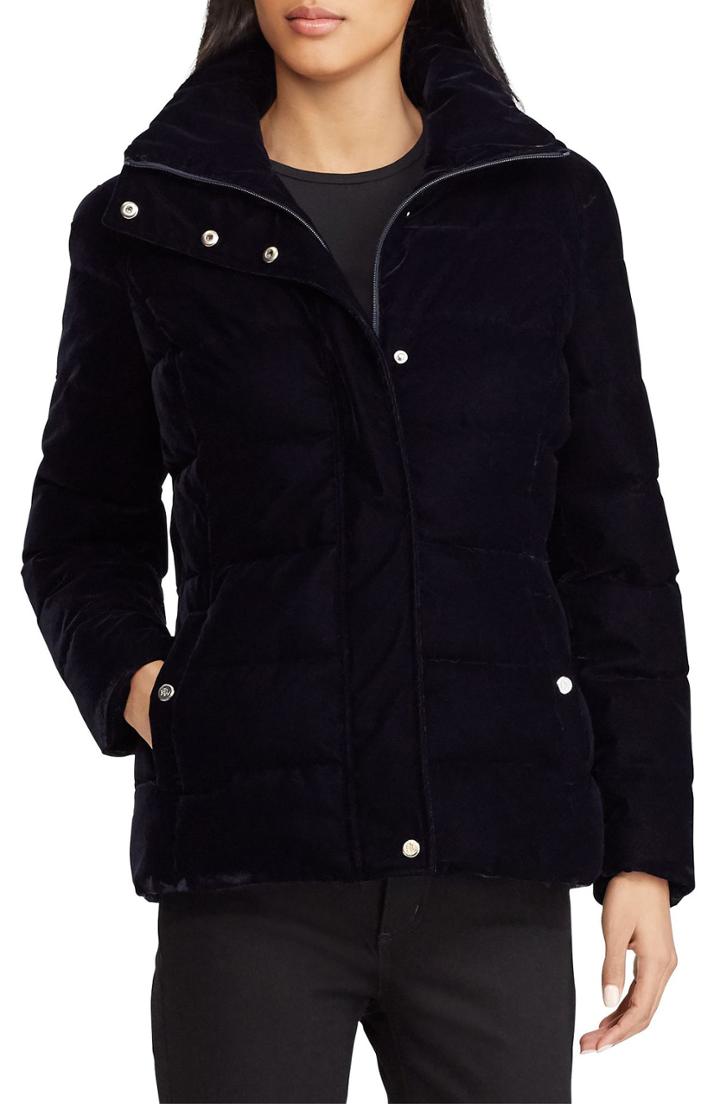 Women's Lauren Ralph Lauren Velvet Puffer Jacket - Blue