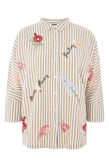 Women's Topshop Embroidered Seersucker Shirt Us (fits Like 0-2) - Beige