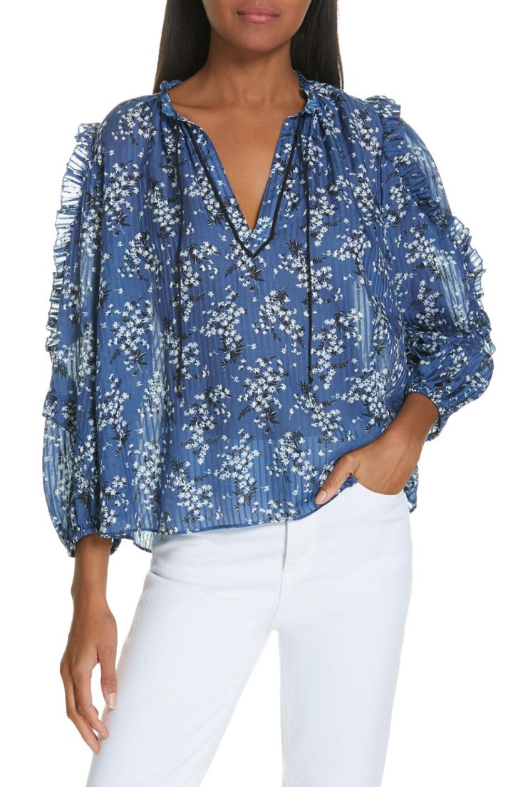 Women's Ulla Johnson Manet Floral Print Cotton & Silk Blouse - Blue
