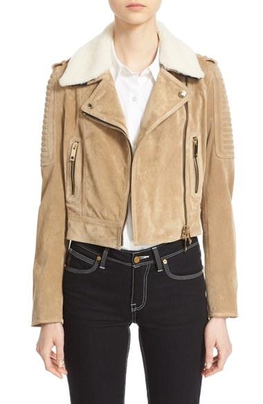 Women's Burberry 'peakhurst' Suede Biker Jacket With Removable Genuine Shearling Collar