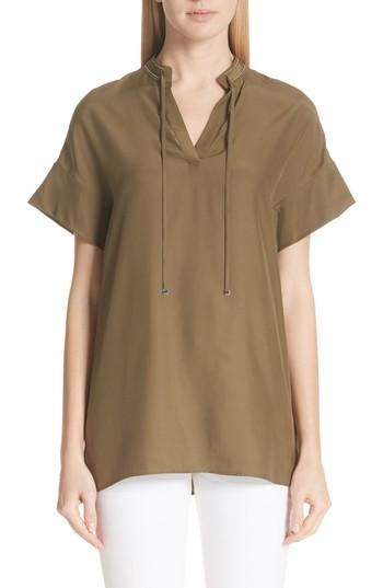 Women's Lafayette 148 New York Kaitlyn Chain Detail Matte Silk Blouse, Size - Green