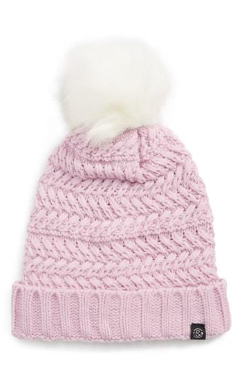 Women's Treasure & Bond Cable Knit Beanie With Faux Fur Pom - Pink