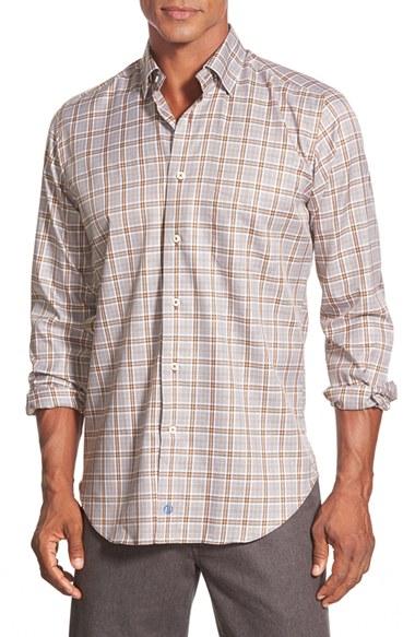 Men's David Donahue Regular Fit Plaid Sport Shirt, Size - Brown