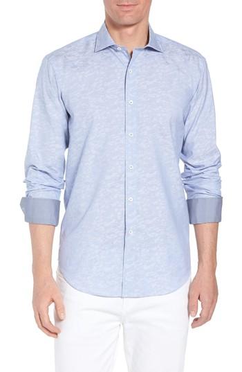 Men's Bugatchi Shaped Fit Camo Jacquard Sport Shirt - Blue