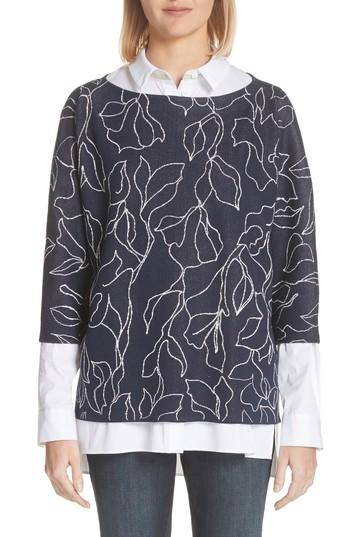 Women's Lafayette 148 New York Chain Detail Floral Jacquard Sweater, Size - Blue